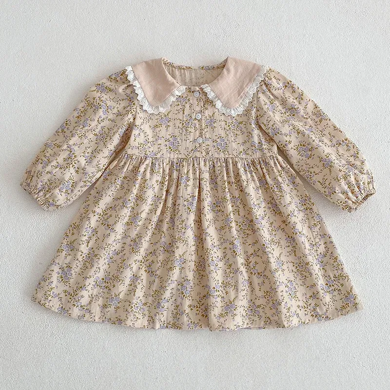 Color: Chocolate, Kid Size: 4T - Sweet Kids Baby Girls Long Sleeve Flower Printing Princess Dress Autumn Baby Girls Doll Collar Dress Children Clothes Dress