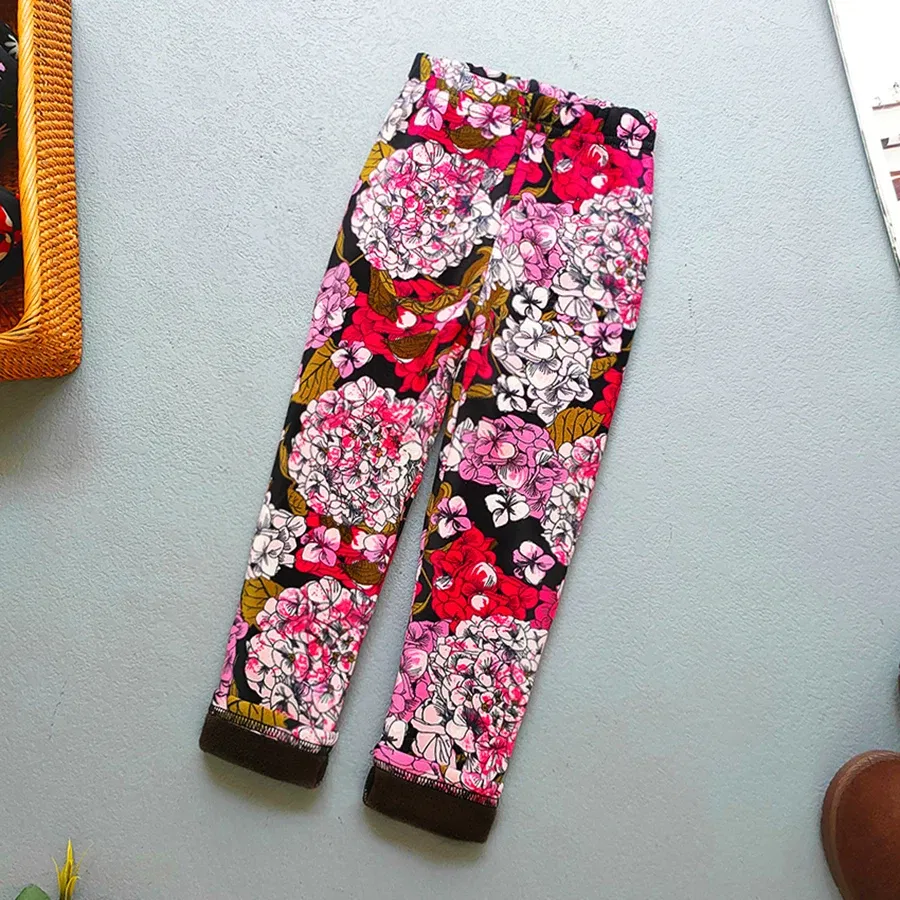 Color: Blue, Kid Size: 4T - Autumn Winter Print Flowers Thick Warm Kids Toddler Baby Girls Leggings Children's Pants