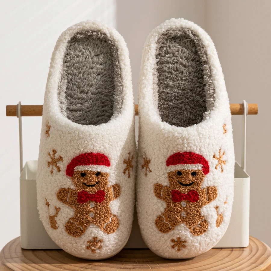 Color: WHITE, Shoe Size: 43-44 - Women Christmas Gingerbread Man Cute Winter Warm Slippers Exquisite Comfy Houseshoes Bedroom Soft Sole Home Shoes for Gift