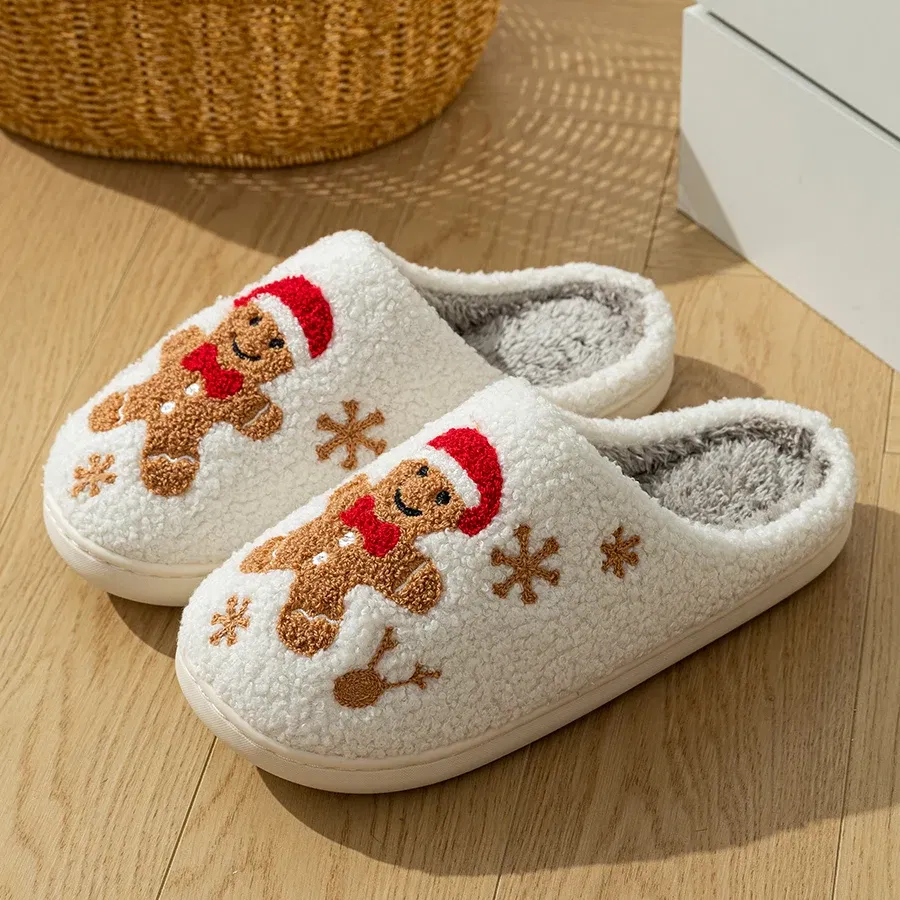Color: WHITE, Shoe Size: 43-44 - Women Christmas Gingerbread Man Cute Winter Warm Slippers Exquisite Comfy Houseshoes Bedroom Soft Sole Home Shoes for Gift