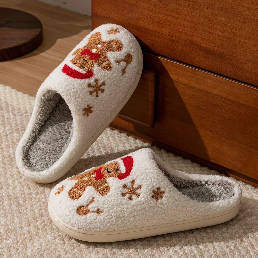 Color: WHITE, Shoe Size: 43-44 - Women Christmas Gingerbread Man Cute Winter Warm Slippers Exquisite Comfy Houseshoes Bedroom Soft Sole Home Shoes for Gift