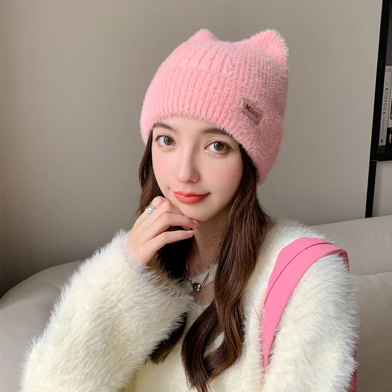 Color: army green, Size: One Size - New Women Cute Cat Ear Earflap Winter Hat Fashion Faux Fur Knitted Hat Kpop Style Soft Beanie Hats Candy Female Streetwear Cap