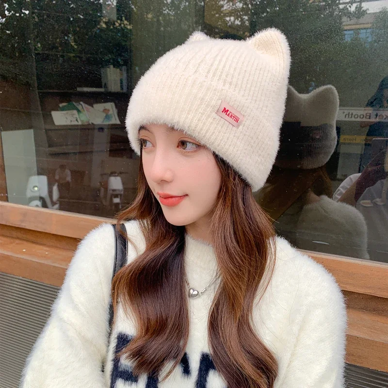 Color: army green, Size: One Size - New Women Cute Cat Ear Earflap Winter Hat Fashion Faux Fur Knitted Hat Kpop Style Soft Beanie Hats Candy Female Streetwear Cap
