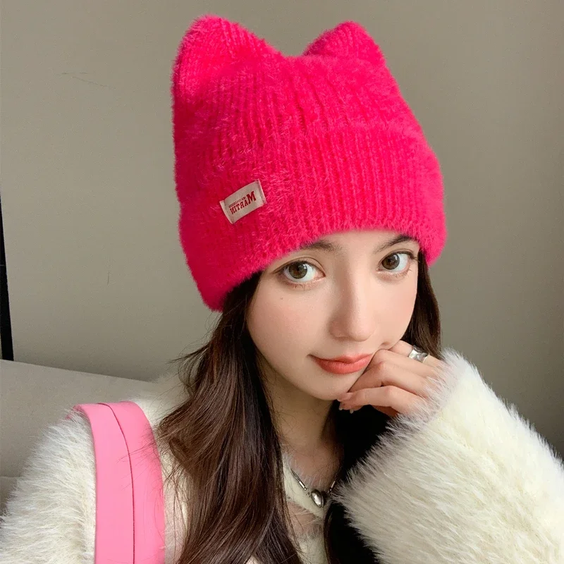 Color: army green, Size: One Size - New Women Cute Cat Ear Earflap Winter Hat Fashion Faux Fur Knitted Hat Kpop Style Soft Beanie Hats Candy Female Streetwear Cap