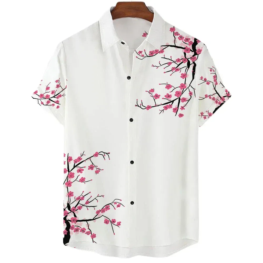 Color: WHITE, Size: M - Fashionable Luxury Social men's Shirt Lapel button-down Shirt Casual Japanese Aesthetic Cherry Blossom Print short-sleeved Tops