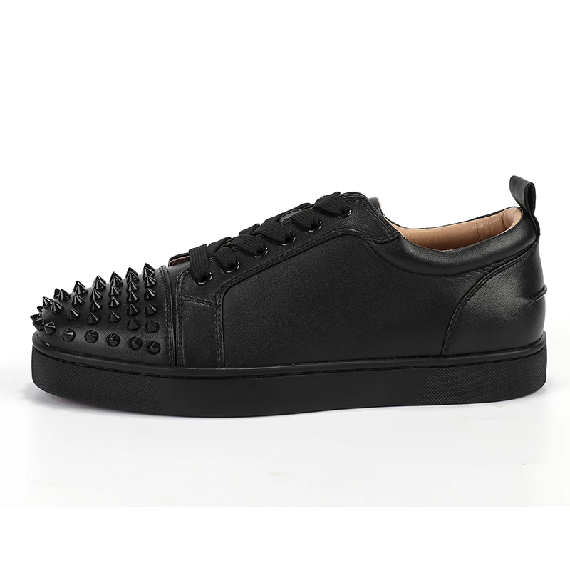 Color: black, Shoe Size: 265, - big size men fashion rivets shoes black white original leather flats shoe hip hop punk personality platform studded sneakers man