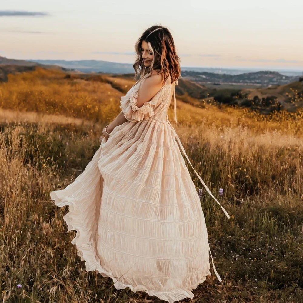 Chiffon Pregnant Women Photography Dresses Elegant Pleated V-neck Short Sleeved Dress Maternity Dresses For Baby Showers