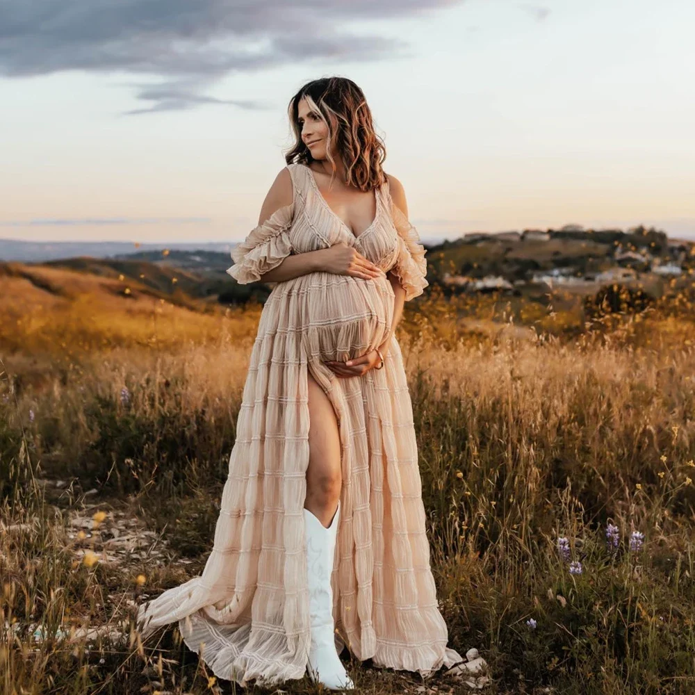 Chiffon Pregnant Women Photography Dresses Elegant Pleated V-neck Short Sleeved Dress Maternity Dresses For Baby Showers