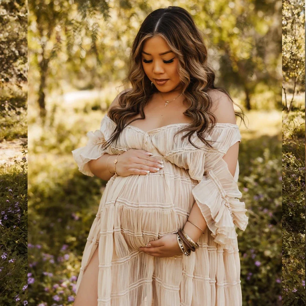 Chiffon Pregnant Women Photography Dresses Elegant Pleated V-neck Short Sleeved Dress Maternity Dresses For Baby Showers