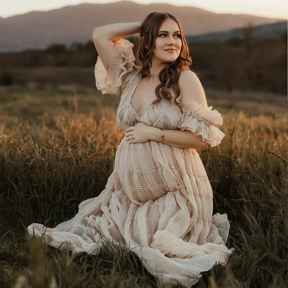 Chiffon Pregnant Women Photography Dresses Elegant Pleated V-neck Short Sleeved Dress Maternity Dresses For Baby Showers