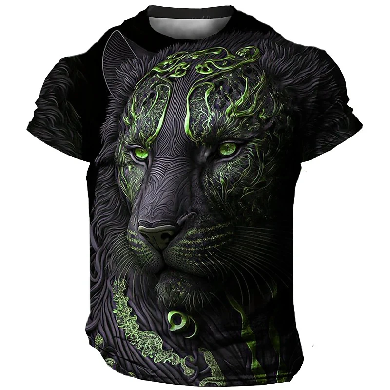 Size: L, Color: Green - Daily Oversized Men's T-Shirt 3D Lion Print Tees Tops Summer Casual Animal Pattern Streetwear New Fashion Street Men Clothing