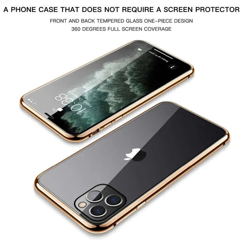 Color: Blue, Material: Denim - Magnetic Metal Case For iPhone 15 14 13 12 11 Pro 14Pro Max XS X XR 7 8 14Plus 12 Mini SE 2020 Double Sided Tempered Glass Cover