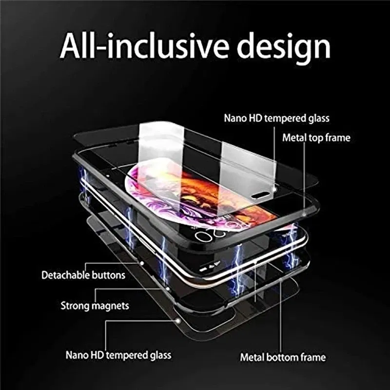 Color: Blue, Material: Denim - Magnetic Metal Case For iPhone 15 14 13 12 11 Pro 14Pro Max XS X XR 7 8 14Plus 12 Mini SE 2020 Double Sided Tempered Glass Cover