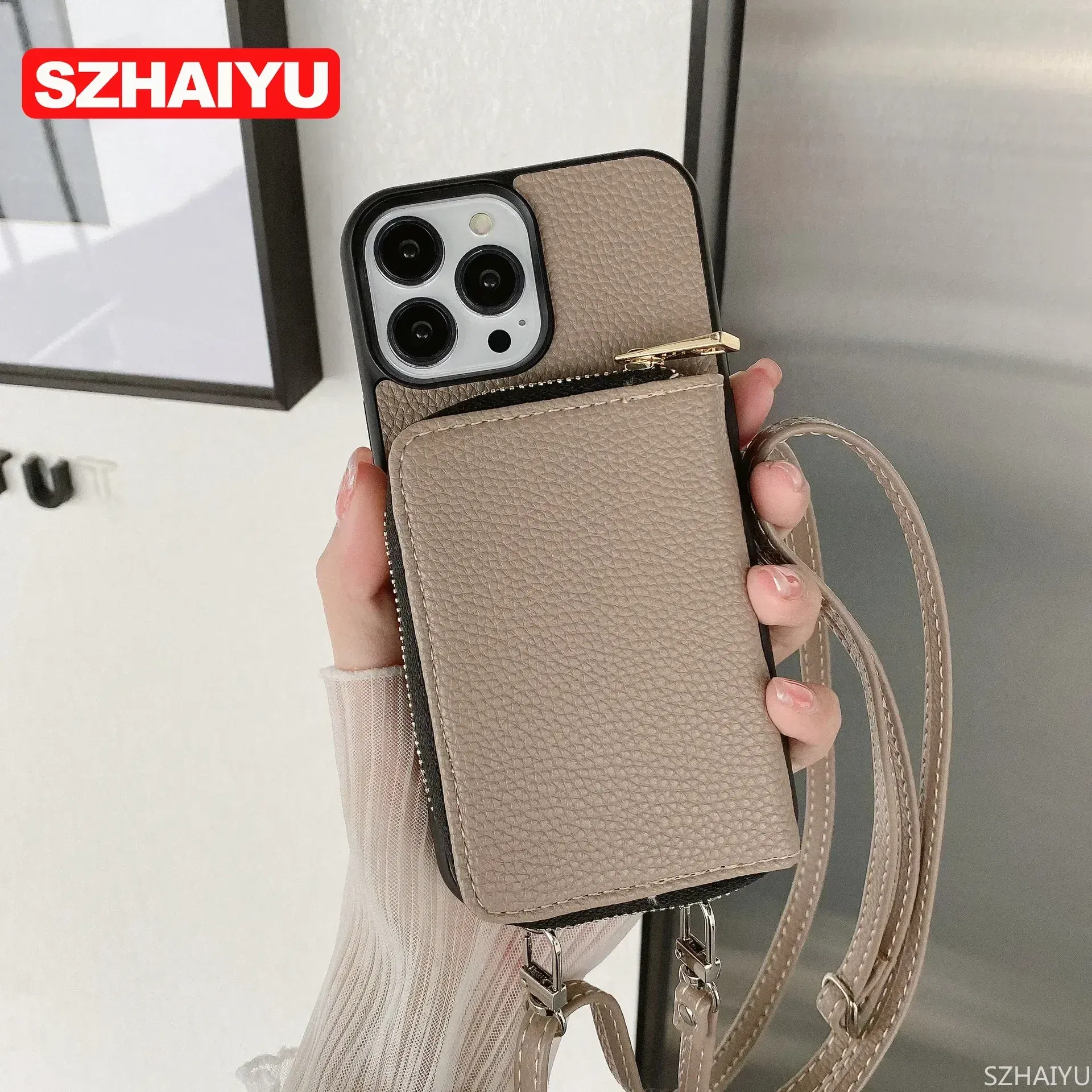Material: Microfiber, Color: army green - Zipper Wallet Phone Case For iPhone 16 15 14 13 12 Mini 11 Pro XS Max X Plus Card Slot Holder Crossbody Lanyard Leather Cover