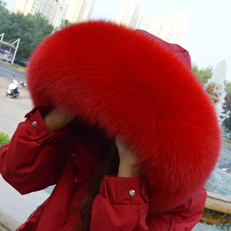 Color: ROYAL BLUE, Size: L - 100% Real Fox Fur Collar Winter Down Coat Jacket Hood Decoration Fur Collar Women Warm Luxury Collar Scarves