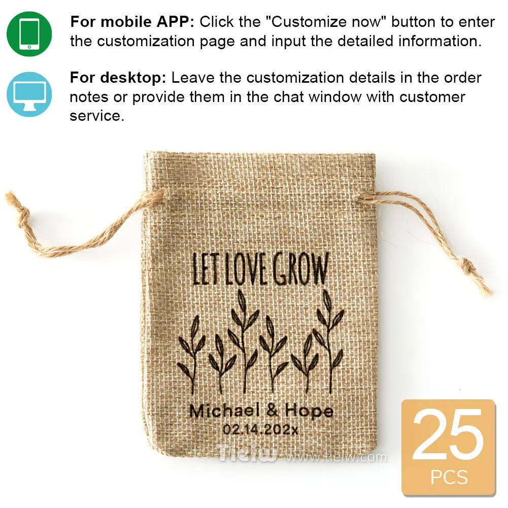 Color: MINT GREEN, Gift Box Size: 13x8x15cm - 25PCS-Personalized Burlap Wedding Favor Bags with Let Love Grow Gift Pouches for Weddings Parties Events-Guest seeds favor bag
