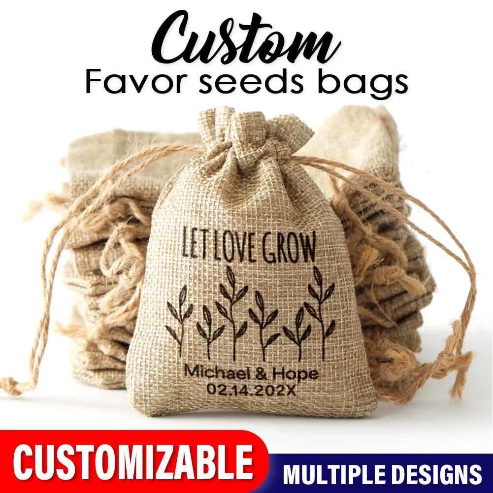 Color: MINT GREEN, Gift Box Size: 13x8x15cm - 25PCS-Personalized Burlap Wedding Favor Bags with Let Love Grow Gift Pouches for Weddings Parties Events-Guest seeds favor bag