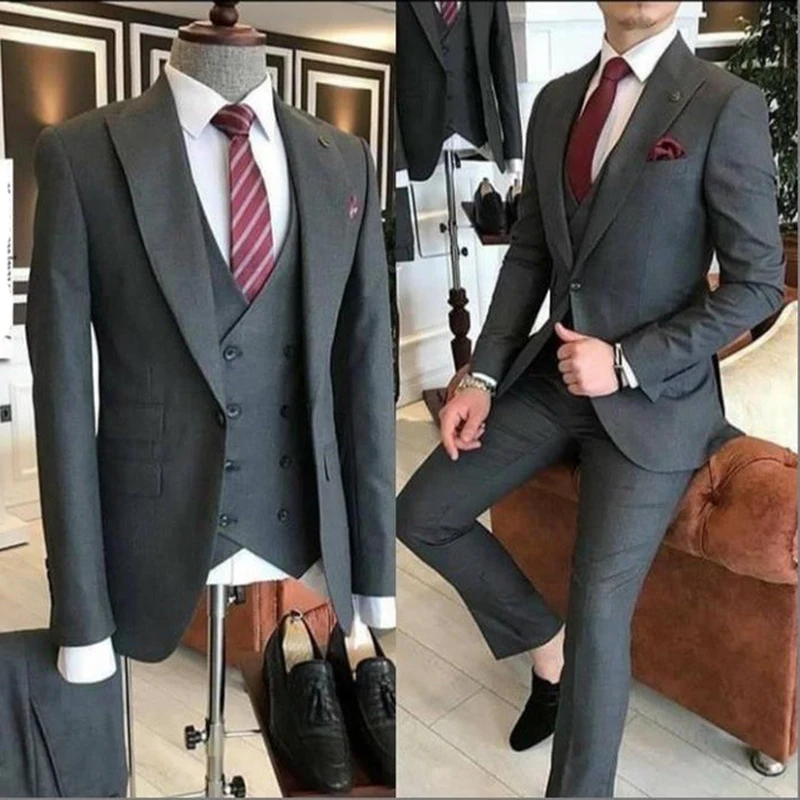 Color: Navy Blue, Size: 4XL, Ships From: CHINA - Groom Wear 3 Pieces Gray Men Suits 2021 Slim Fit Peak Lapel One Button Tailor Made Terno Masculino (Jacket+Pants+Vest+Tie?‰