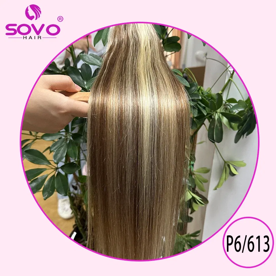 Color: #P6/613, Length: 10inches - SOVO Clip In Hair Extensions Human Hair 3 Pieces Bone Straight Clip Ins Hair Extension 60-90G Real Natural European Hair 12-26"