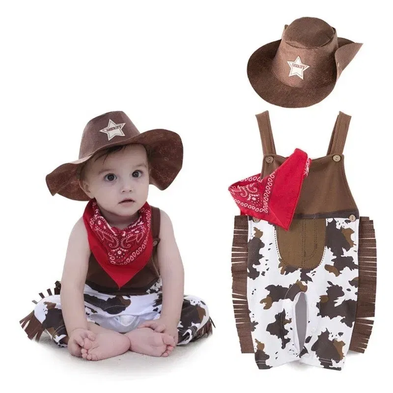 Color: Brown, Kid Size: 3T?€?€·?¤–运动?‰ - Baby Boy Clothes cowboy Costume Infant Toddler Cowboy Set 3Pcs Hat Scarf Romper Halloween Event Birthday Holiday Cosplay Outfits