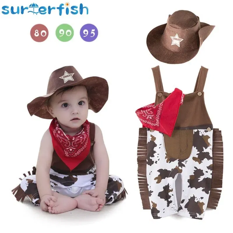 Color: Brown, Kid Size: 3T?€?€·?¤–运动?‰ - Baby Boy Clothes cowboy Costume Infant Toddler Cowboy Set 3Pcs Hat Scarf Romper Halloween Event Birthday Holiday Cosplay Outfits