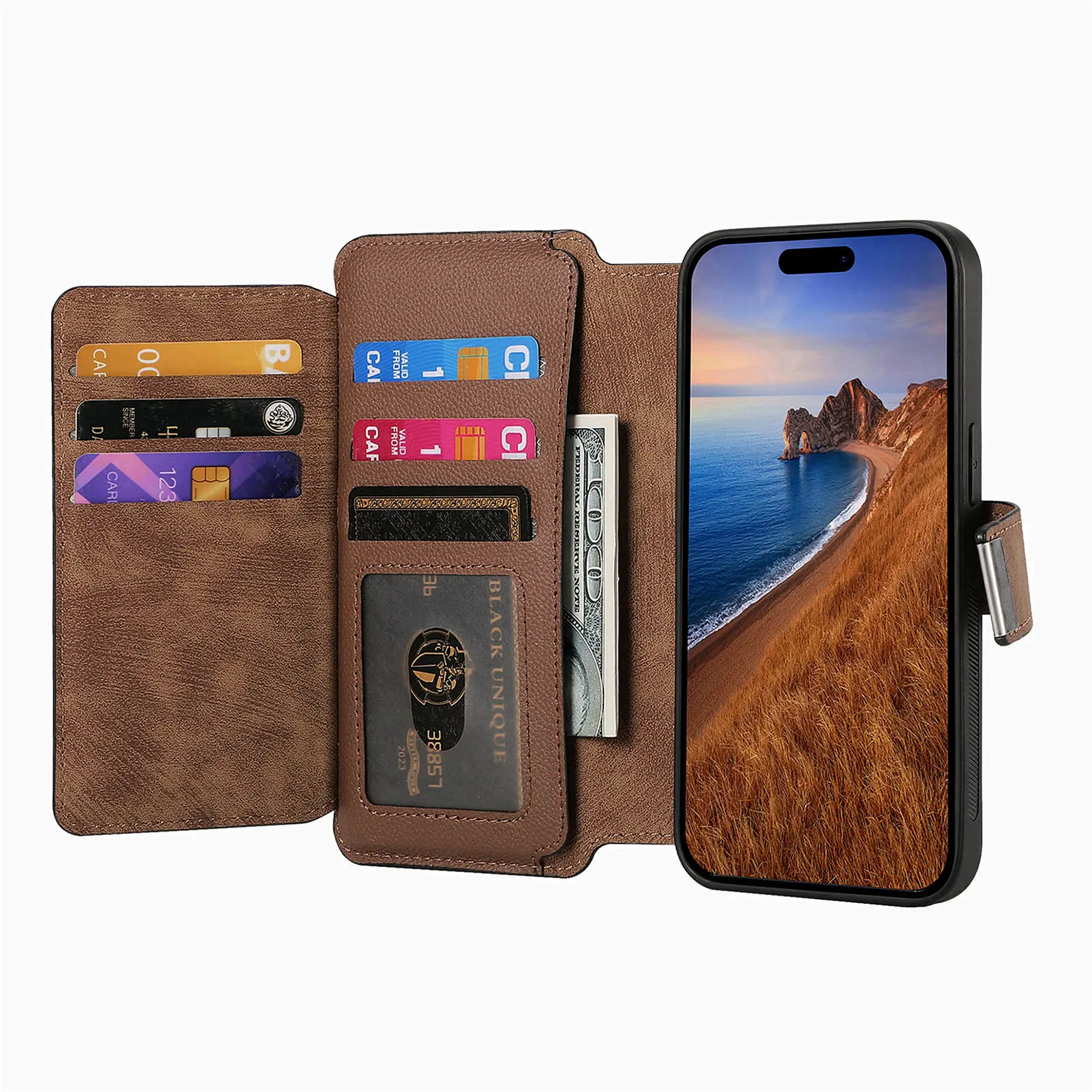 Color: Brown, Material: ABS - With Magsafe Wallet Case For Xiaomi Poco X6 X5 X3 M6 M5S M4 M3 F6 F5 Pro F3 C31 Zipper Leather Multi 6 Card Slot Removable Cover