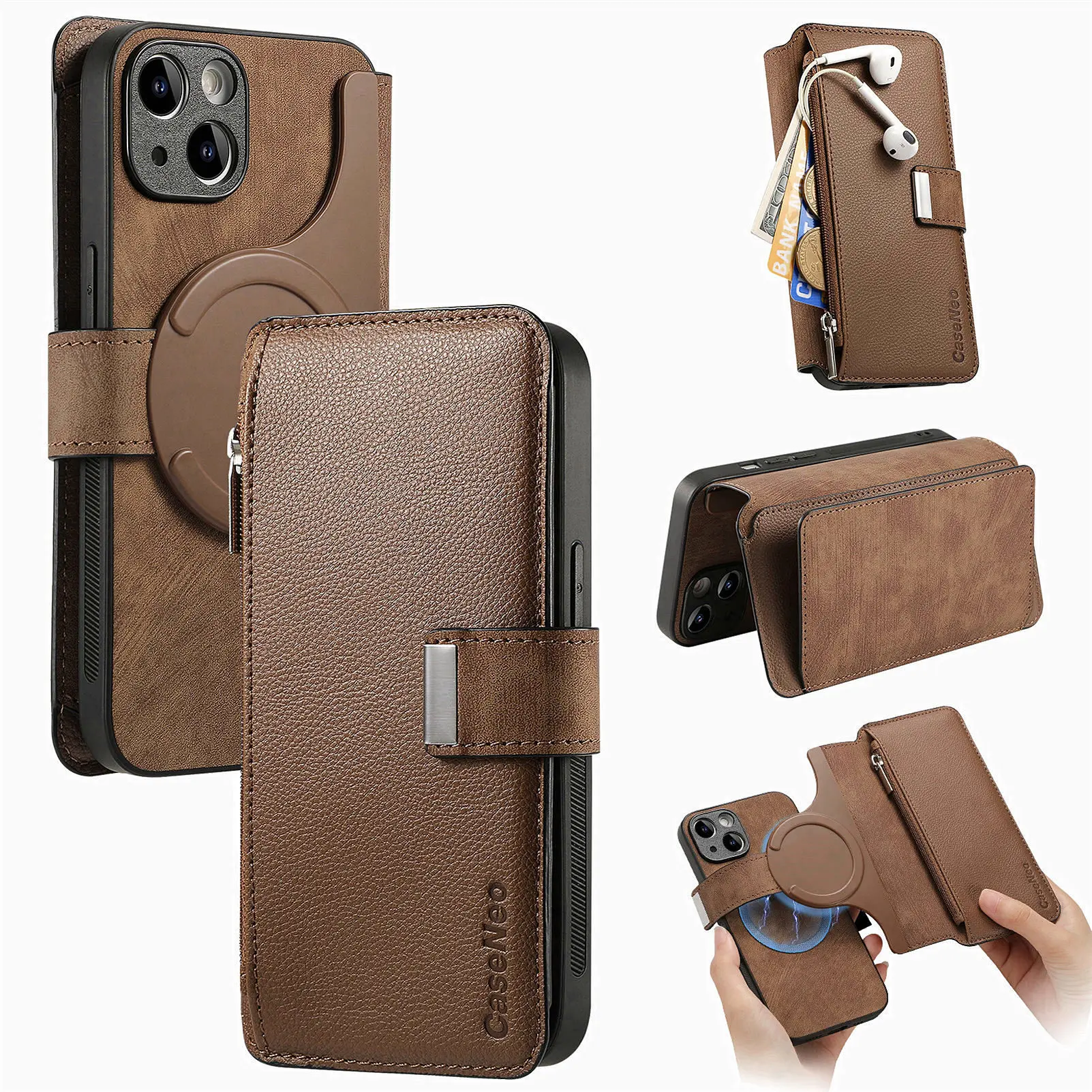 Color: Brown, Material: ABS - With Magsafe Wallet Case For Xiaomi Poco X6 X5 X3 M6 M5S M4 M3 F6 F5 Pro F3 C31 Zipper Leather Multi 6 Card Slot Removable Cover