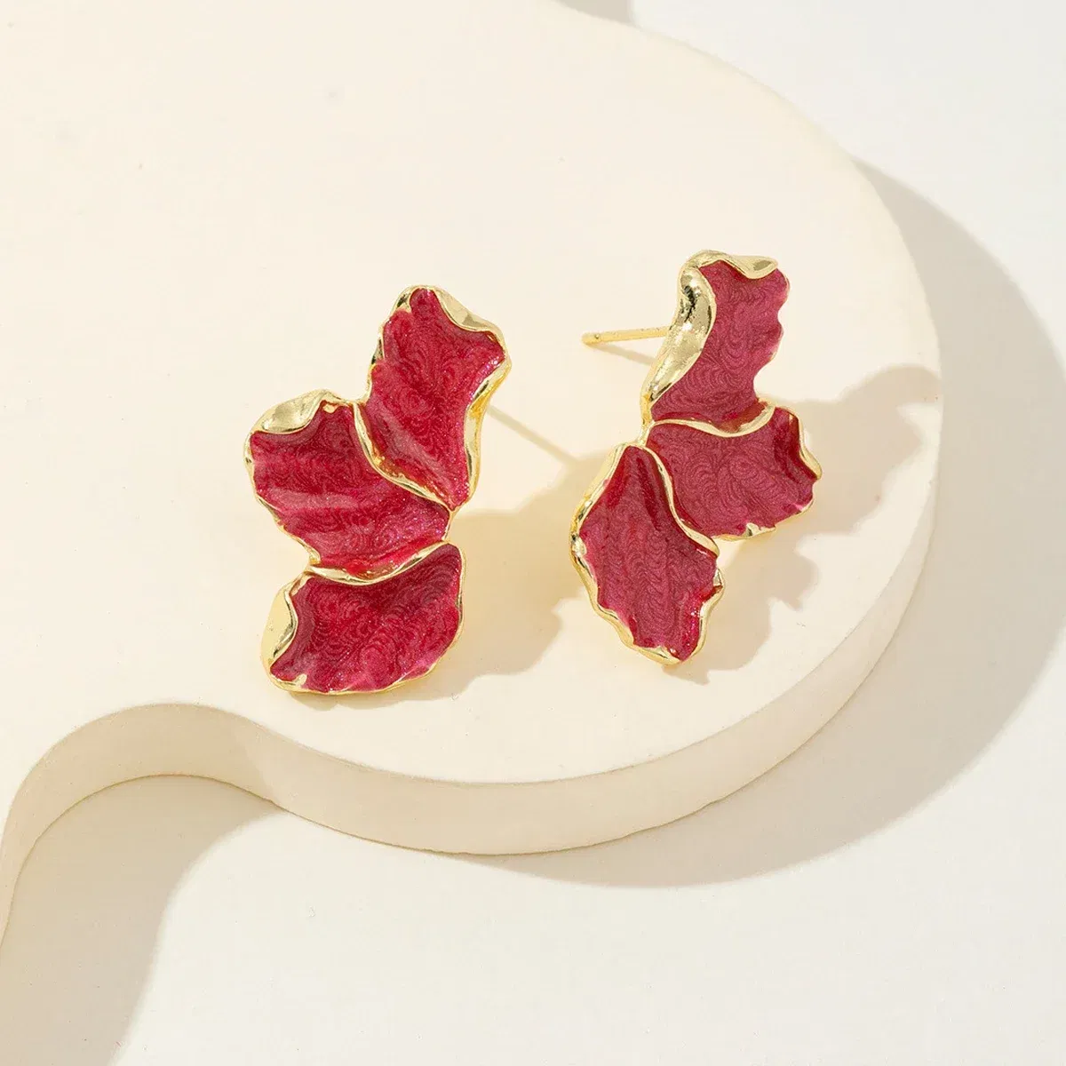 Metal Color: Gold-color - Metal Flower Cream Stud Earrings for Women Fashion Gold Color Plating Irregular Post Earrings Heavy Design Statement Earring