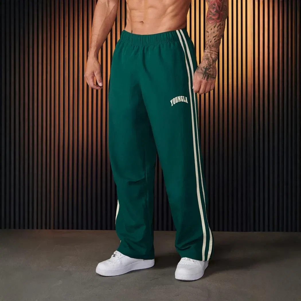Color: army green, Size: XL - Jogger Men's Sweatpants Gym Sports Fitness Splicing Strips Printing Mid Waist Casual Pants Ya Fashion Men Clothing Wide Leg Pan