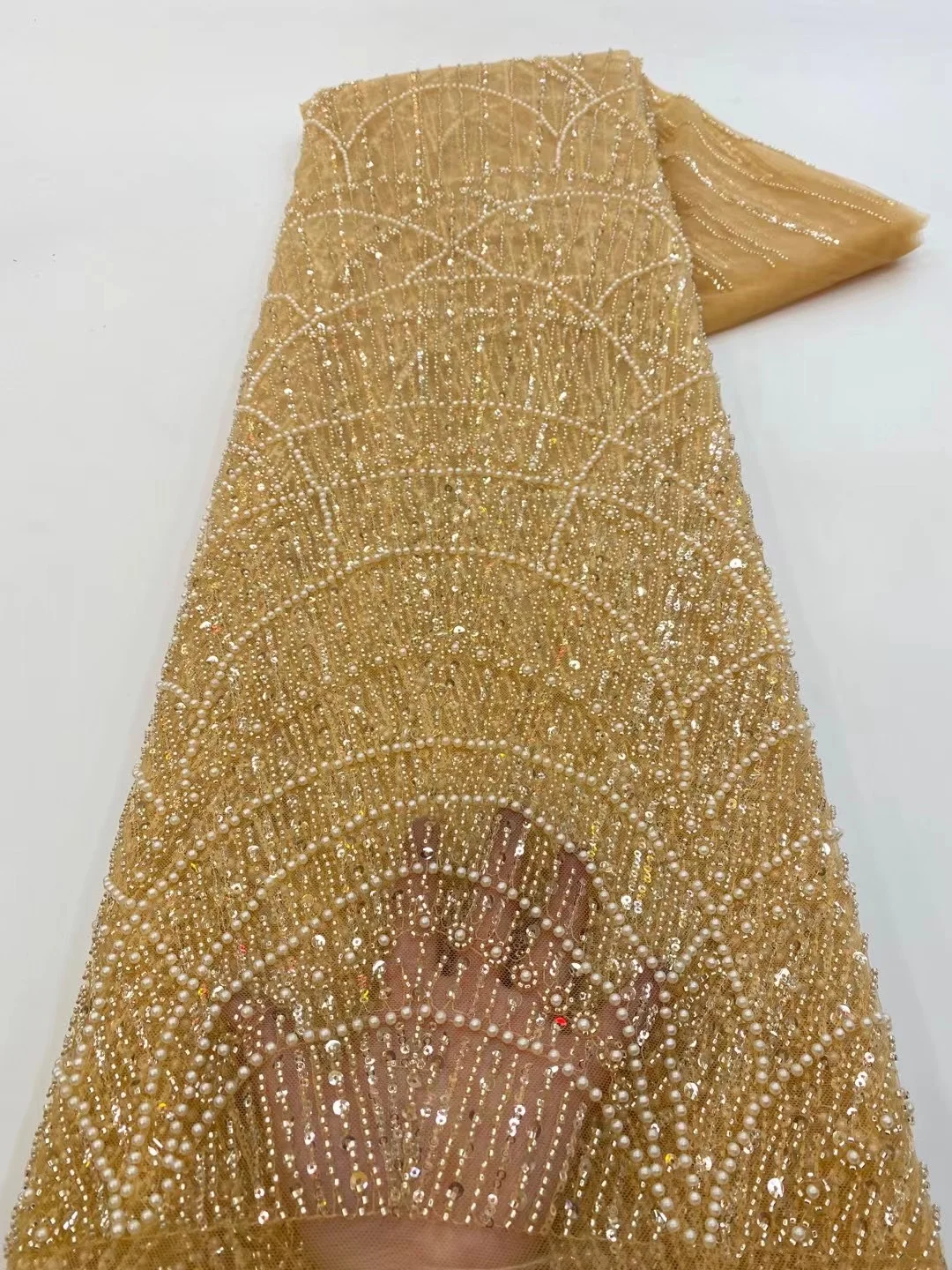 Color: BROWN, Width: 120cm, Length: 5 yards - Wholesale African Sequins Lace Fabric  French Embroidery High Quality Luxury Heavy Beaded Bridal Wedding Lace 5 yards