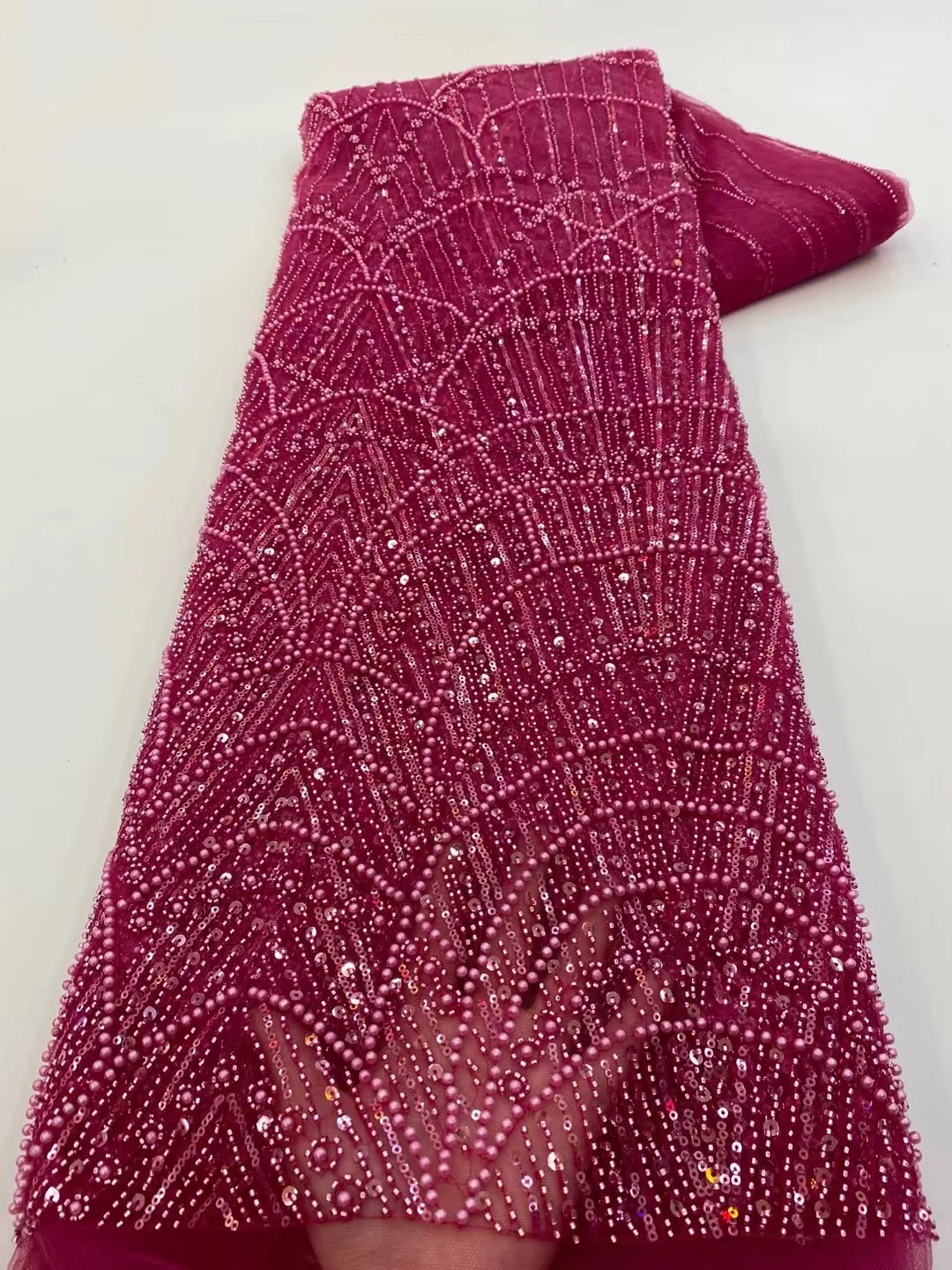 Color: BROWN, Width: 120cm, Length: 5 yards - Wholesale African Sequins Lace Fabric  French Embroidery High Quality Luxury Heavy Beaded Bridal Wedding Lace 5 yards