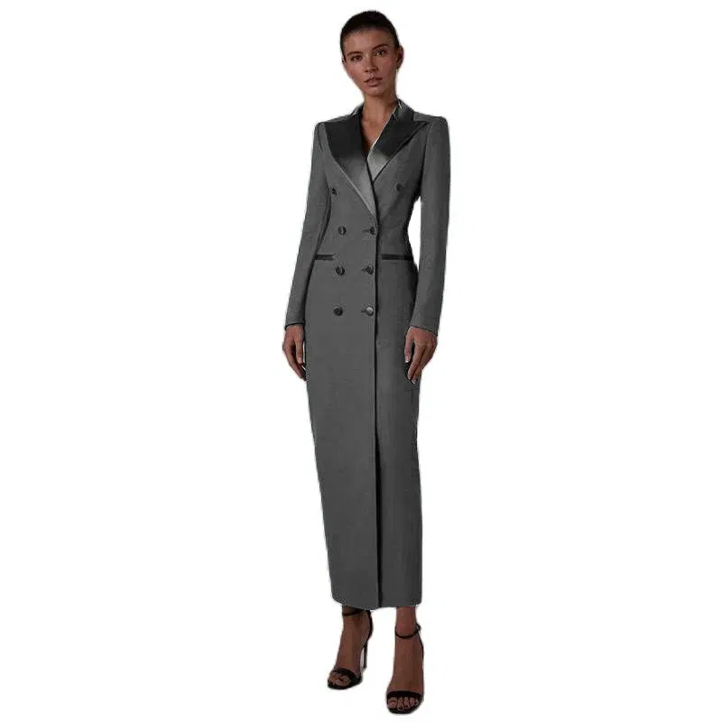 Color: Khaki, Size: XXL - Women's Suit Long Jacket One Piece Blazer Double Breasted Formal Tuxedo Party Dress кос?‚юм ?¶?µнский