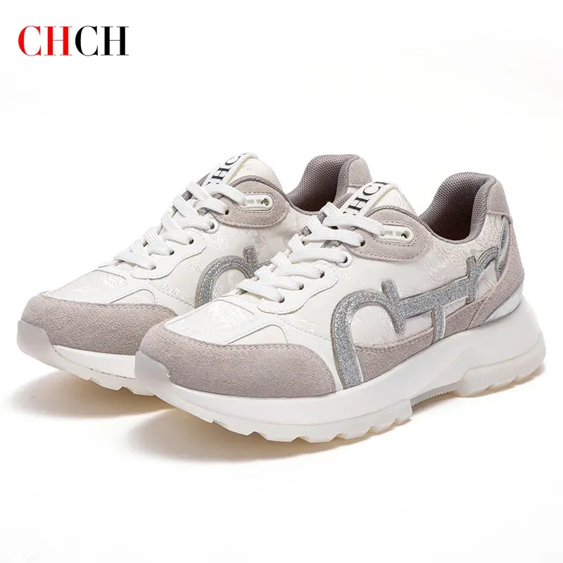 Color: Khaki, Shoe Size: 37 - CHCH Women Tennis Shoes New Leather Splicing Student Sports Shoes