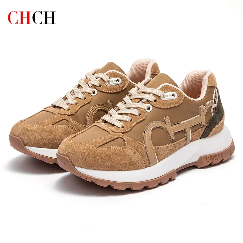 Color: Khaki, Shoe Size: 37 - CHCH Women Tennis Shoes New Leather Splicing Student Sports Shoes