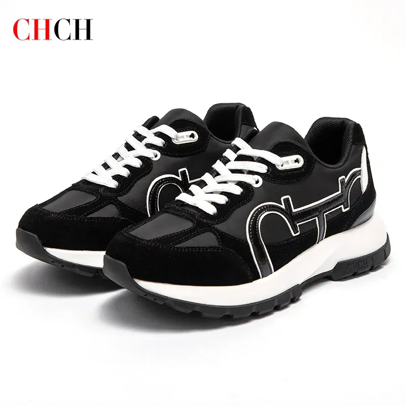 Color: Khaki, Shoe Size: 37 - CHCH Women Tennis Shoes New Leather Splicing Student Sports Shoes