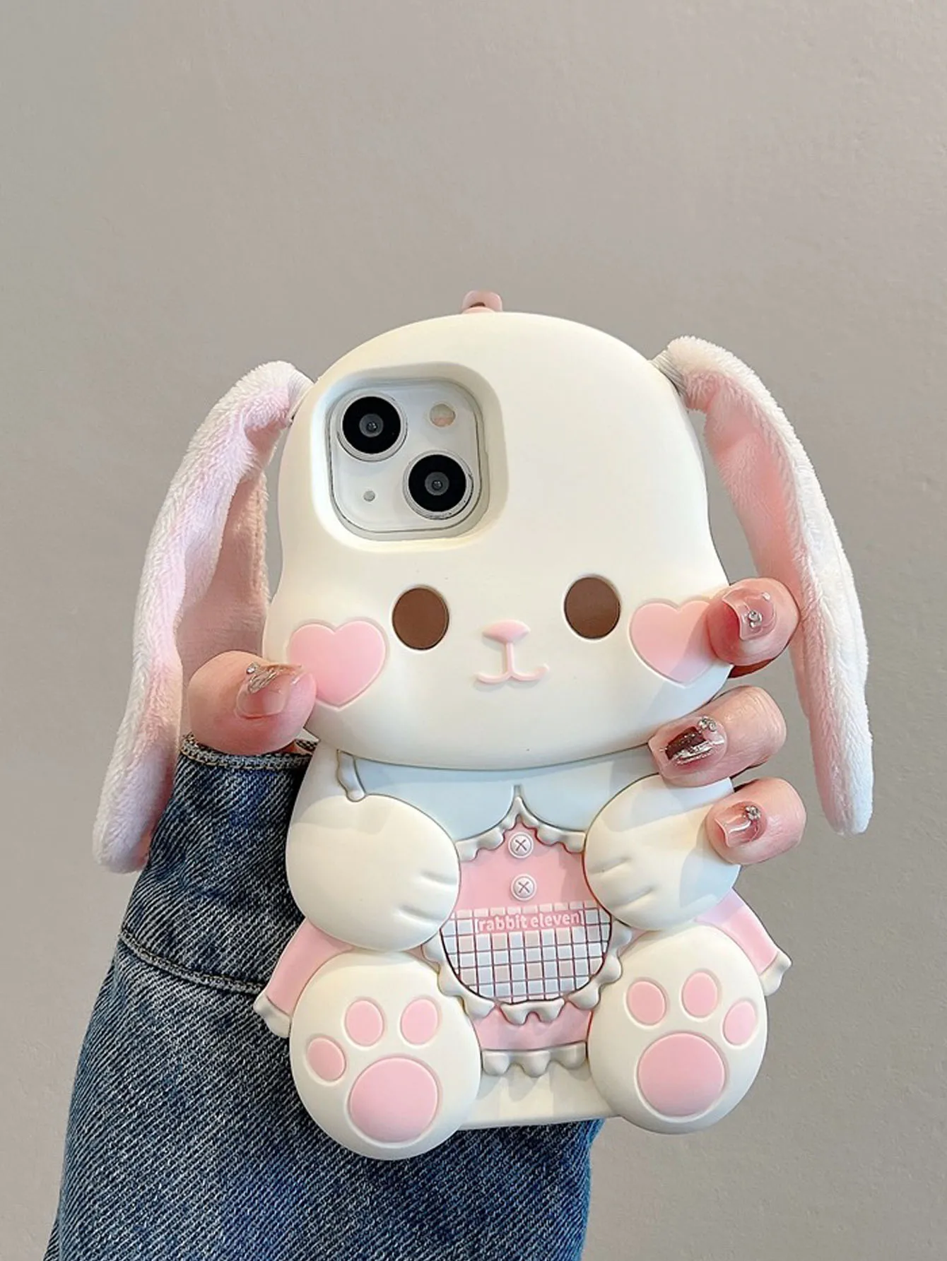 Color: WHITE, Size: for iphone13(6.1") - Cute 3D Plush Ear Rabbit Suitable For 15 Phone Cases iPhone 14 Pro Max 13 12 Silicone Soft Case Fall Protection Case