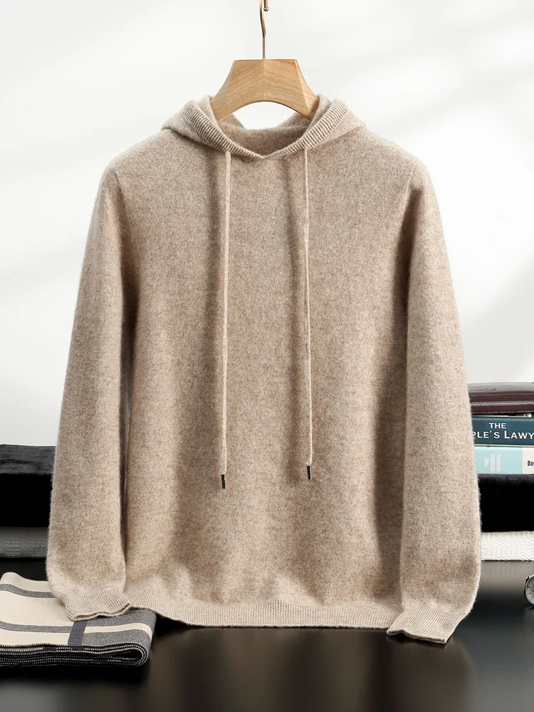 Color: Light Grey, Size: XL - Yoyoselect Men's 100% Cashmere Luxury Sweater Hoodie Autumn Winter Thick Warm Hooded Pullover Casual Smart Jumpers Knitwear Top