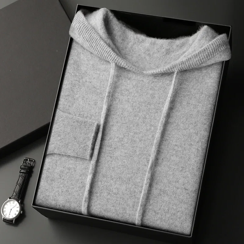 Color: Light Grey, Size: XL - Yoyoselect Men's 100% Cashmere Luxury Sweater Hoodie Autumn Winter Thick Warm Hooded Pullover Casual Smart Jumpers Knitwear Top