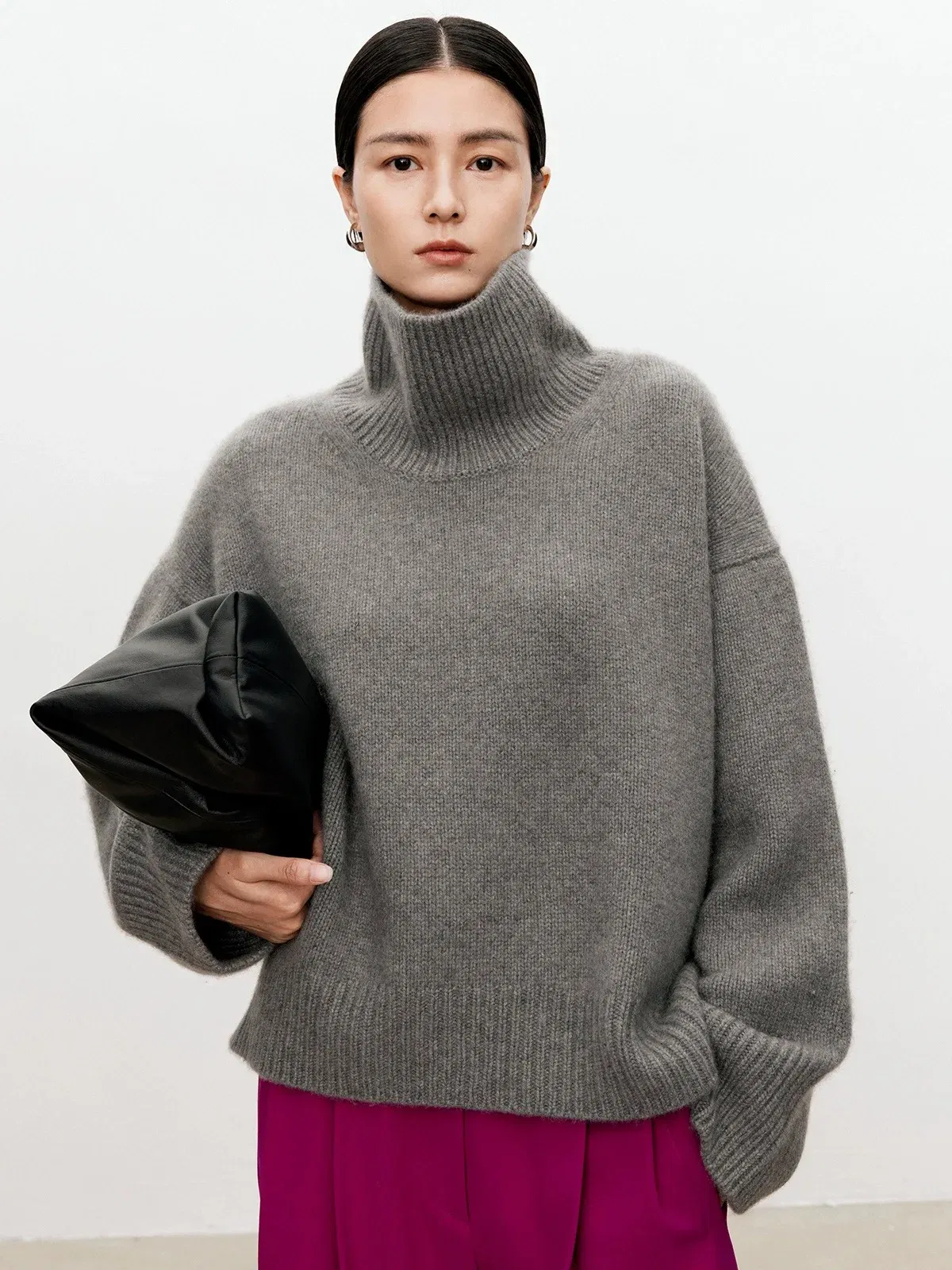 Color: Dark Grey, Size: S, Ships From: CHINA - Turtleneck pure cashmere sweater female loose and thick languid lazy wind pullover sweater knitting base WOOL sweater