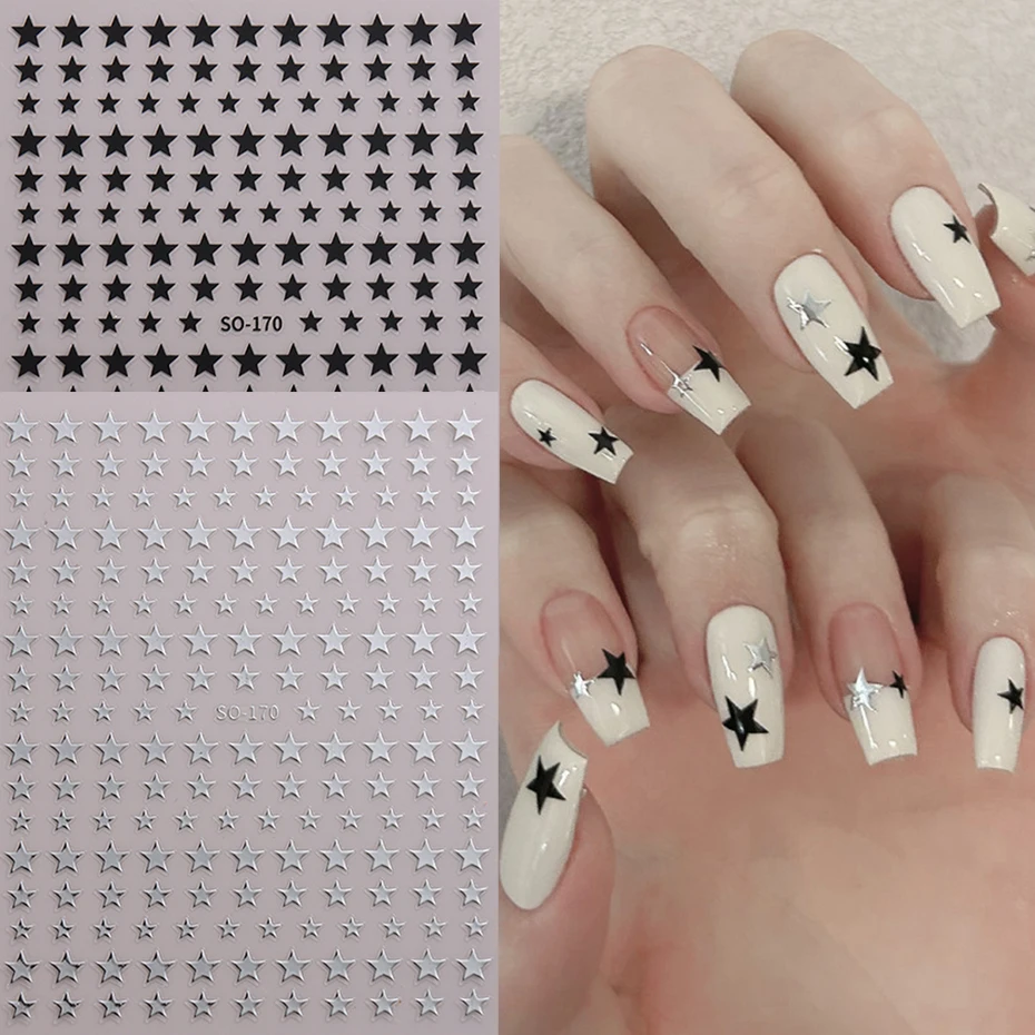 Color: Ice Blue - Sliver Stars Nails Stickers 3D Bronzing Laser White Cross Starlight Glossychic Y2k Stylish Adhesive Manicure Decorations SO-167