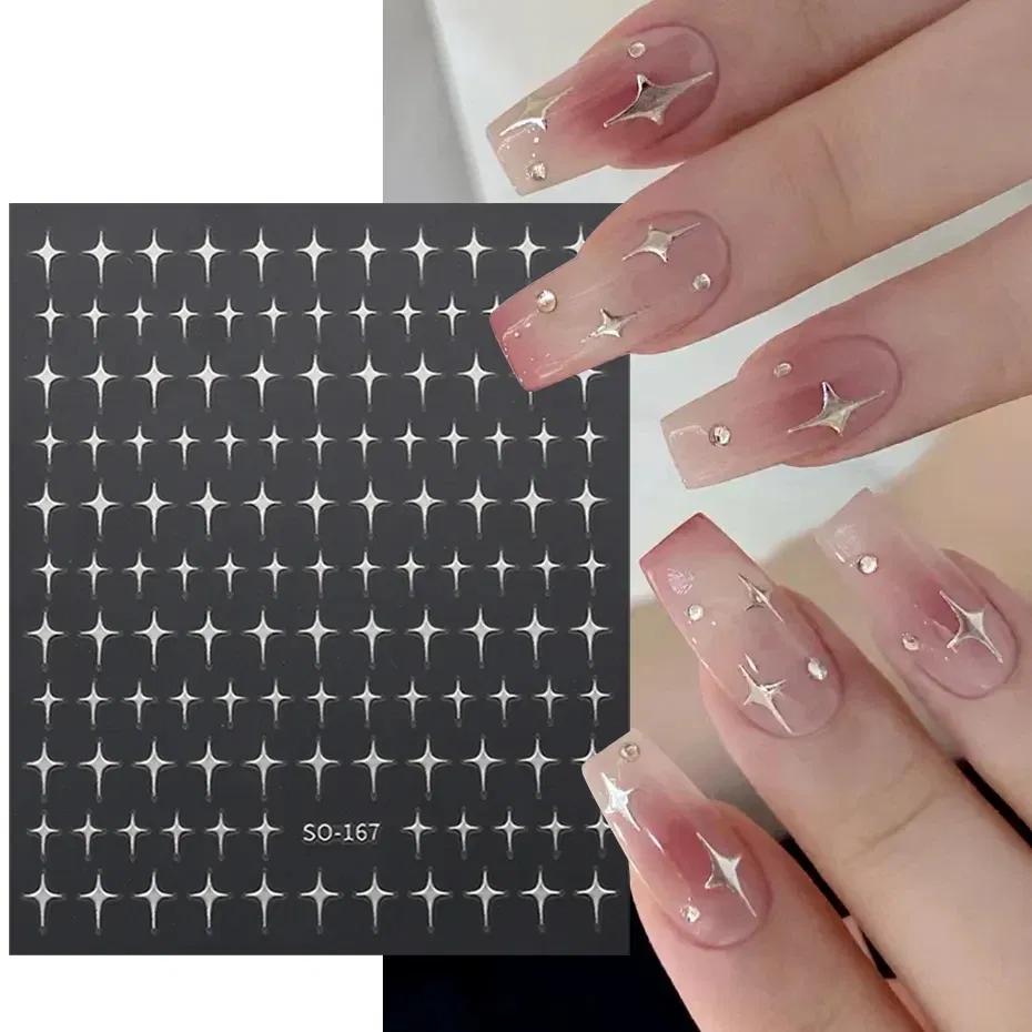 Color: Ice Blue - Sliver Stars Nails Stickers 3D Bronzing Laser White Cross Starlight Glossychic Y2k Stylish Adhesive Manicure Decorations SO-167