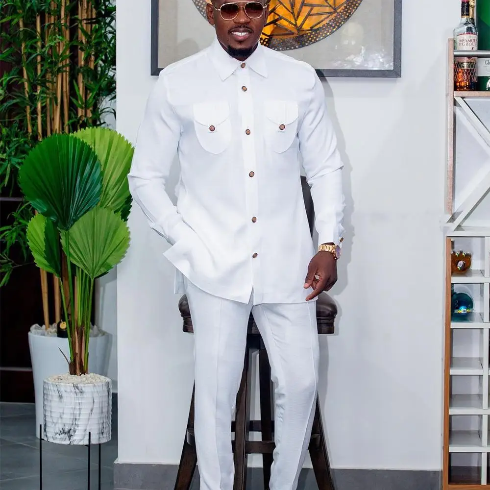 Color: Blue, Size: XXL - 2025 New men's suit, white pocket, 2-piece set, luxury wedding casual suit, traditional African style of ethnic minorities