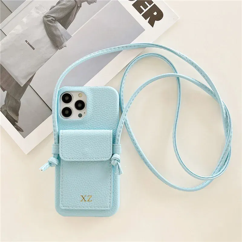 Color: SKY BLUE, Material: PC - Personalized Gold Silver Letters Leather PU Card Holder Lanyard Hard Case For iPhone 14 13 12 11 15 Pro Max XS XR 16 Plus Cover