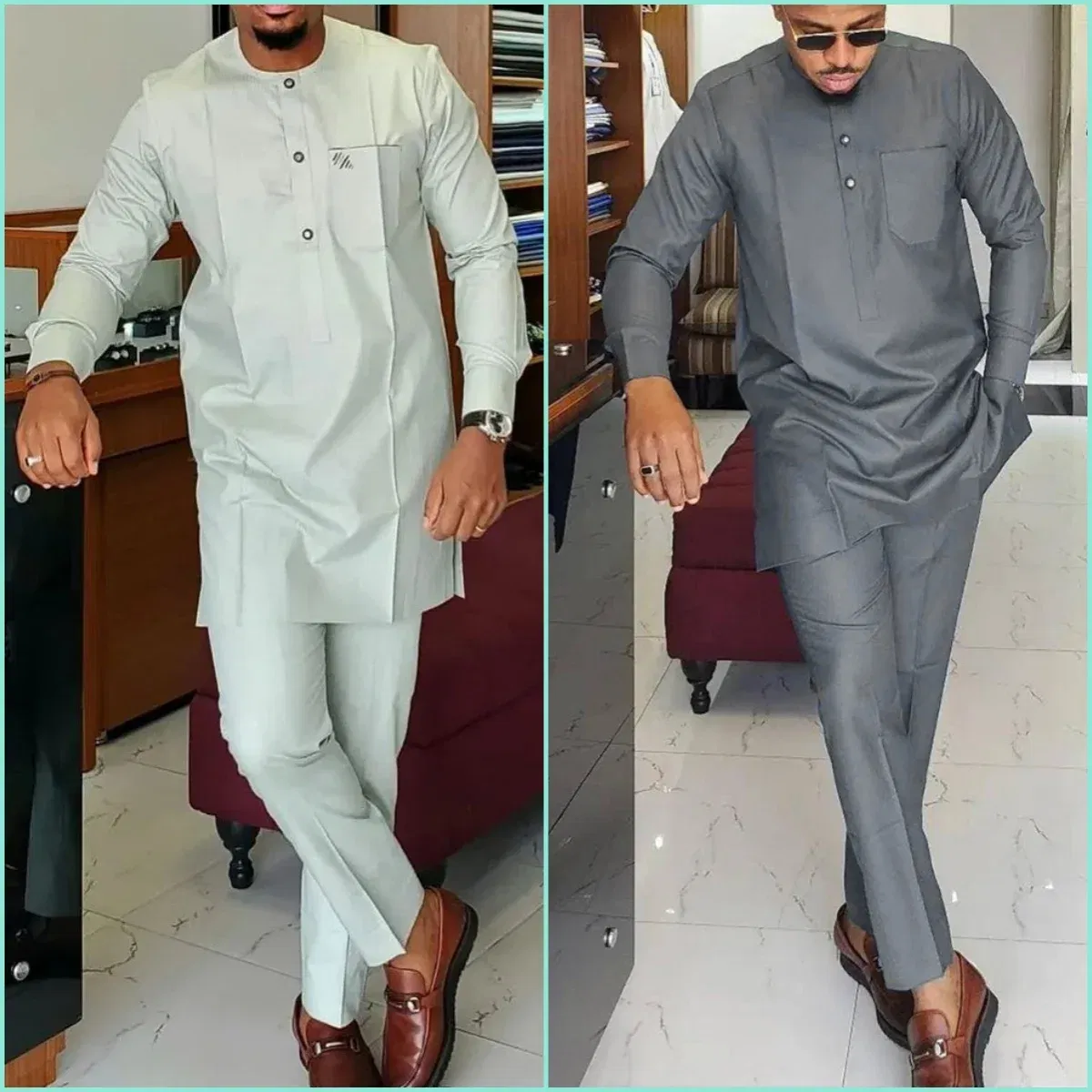 Color: SKY BLUE, Size: XXXL - New Dashiki Men's Set Grey Round Neck Long Sleeve Luxury Brand Men's Suit Casual Slim Fit Men's Set Wedding Evening Suit