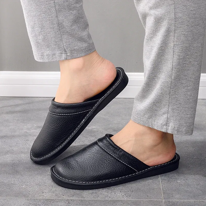 Color: Gold, Shoe Size: 11 - Mens Bedroom Leather Slippers Unisex Black Home Shoes Big Size 47 48 Man's Slippers Indoor Comfy Males Slides Family Flats Shoes
