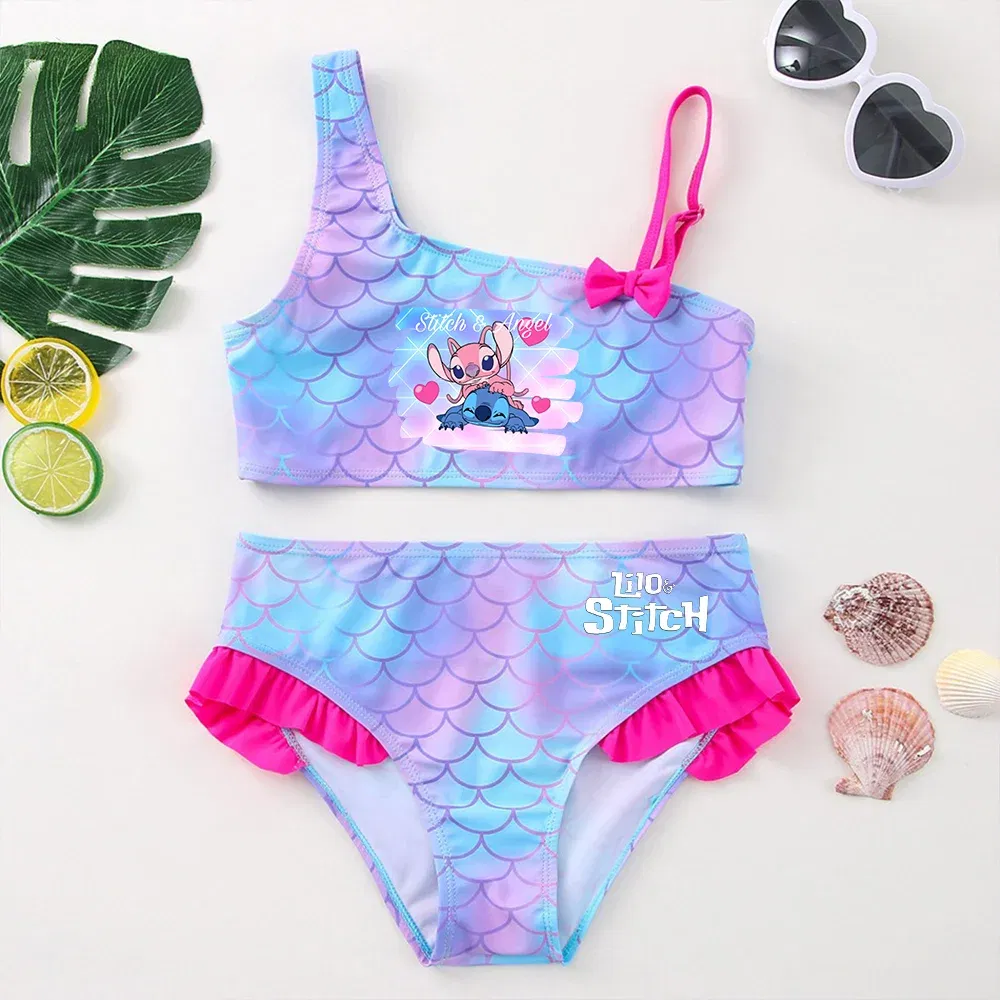 Color: Blue, Size: XS - Lilo Stitch Girls Swimsuit One-Piece Bathing Suits Kids Wear Fashion Mermaid Fish Children's Dresses Summer Swimwear Beach Suit