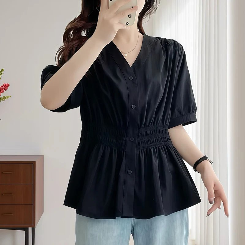 Color: Orange, Size: 4XL - 200 Pounds Plus Size Elastic Waist Summer Shirt And Blouse Short Sleeve Solid Top Women's New In Clothes Simple V-neck French