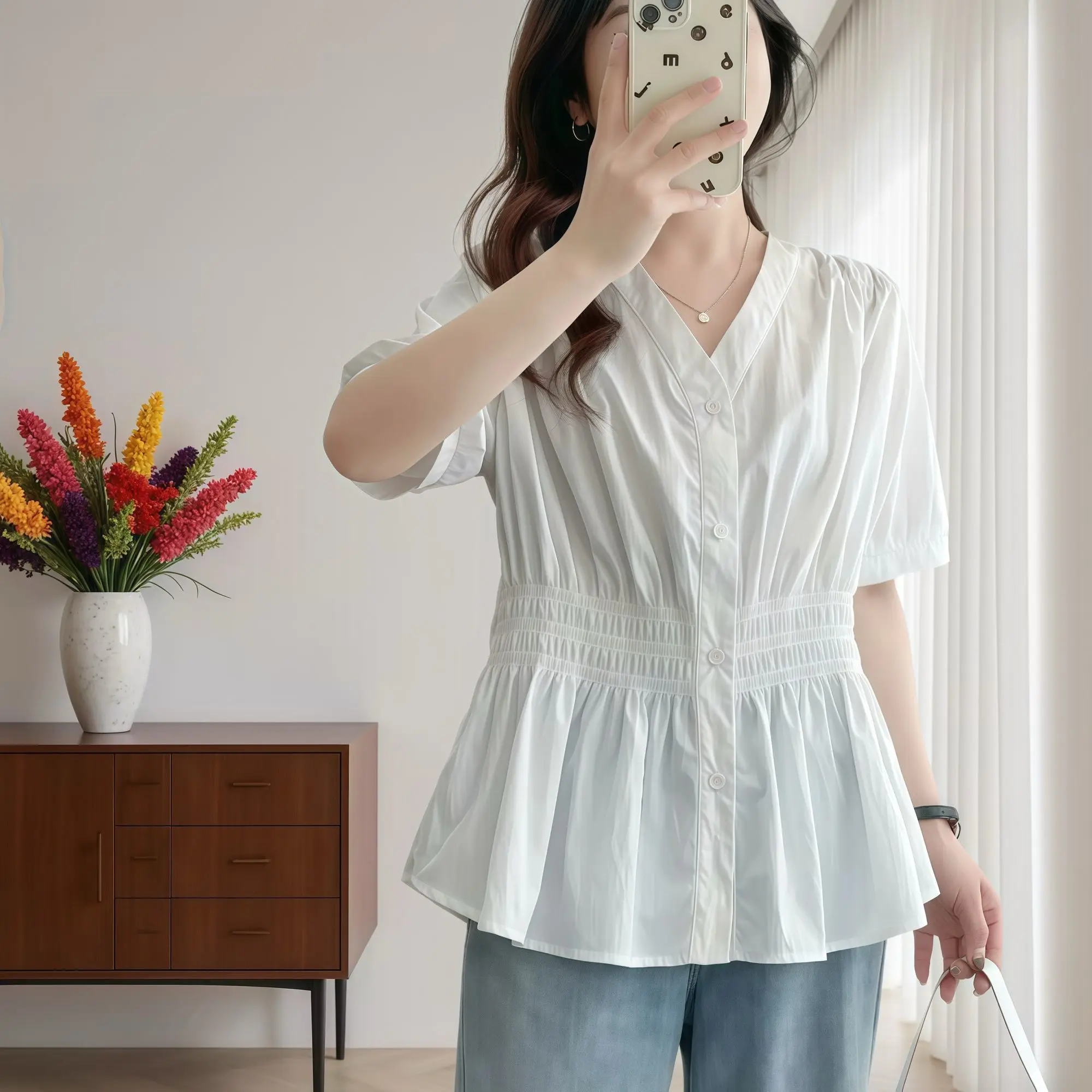Color: Orange, Size: 4XL - 200 Pounds Plus Size Elastic Waist Summer Shirt And Blouse Short Sleeve Solid Top Women's New In Clothes Simple V-neck French
