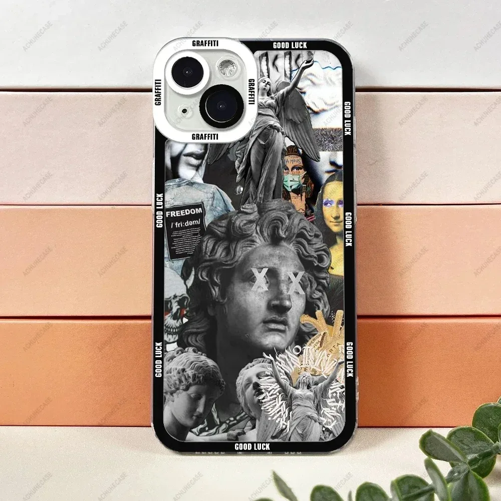 Color: Clear, Material: aluminum - Aesthetic Statue Art Phone Case For iPhone 16 15 14 13 12 11 Pro Max XS X XR Plus Mini Luxury Transparent Soft Funda