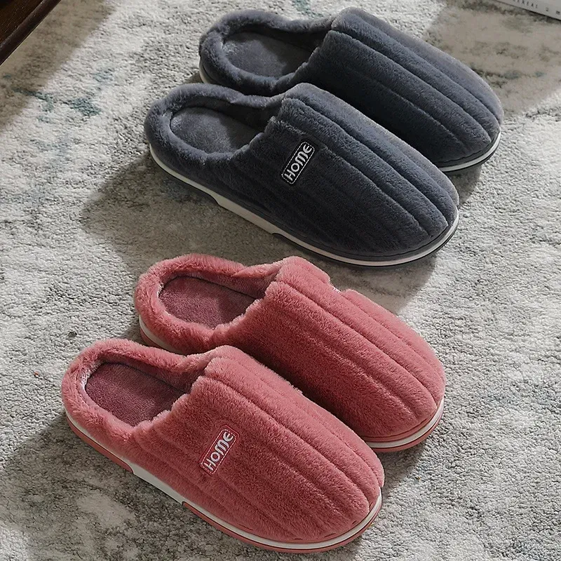 Color: black, Shoe Size: 42-43 - New Men Big Size 48 49 Winter Warm Slippers Women Soft Plush Furry Shoes Casual Flats Home Couples Bedroom Anti-Slip Slides